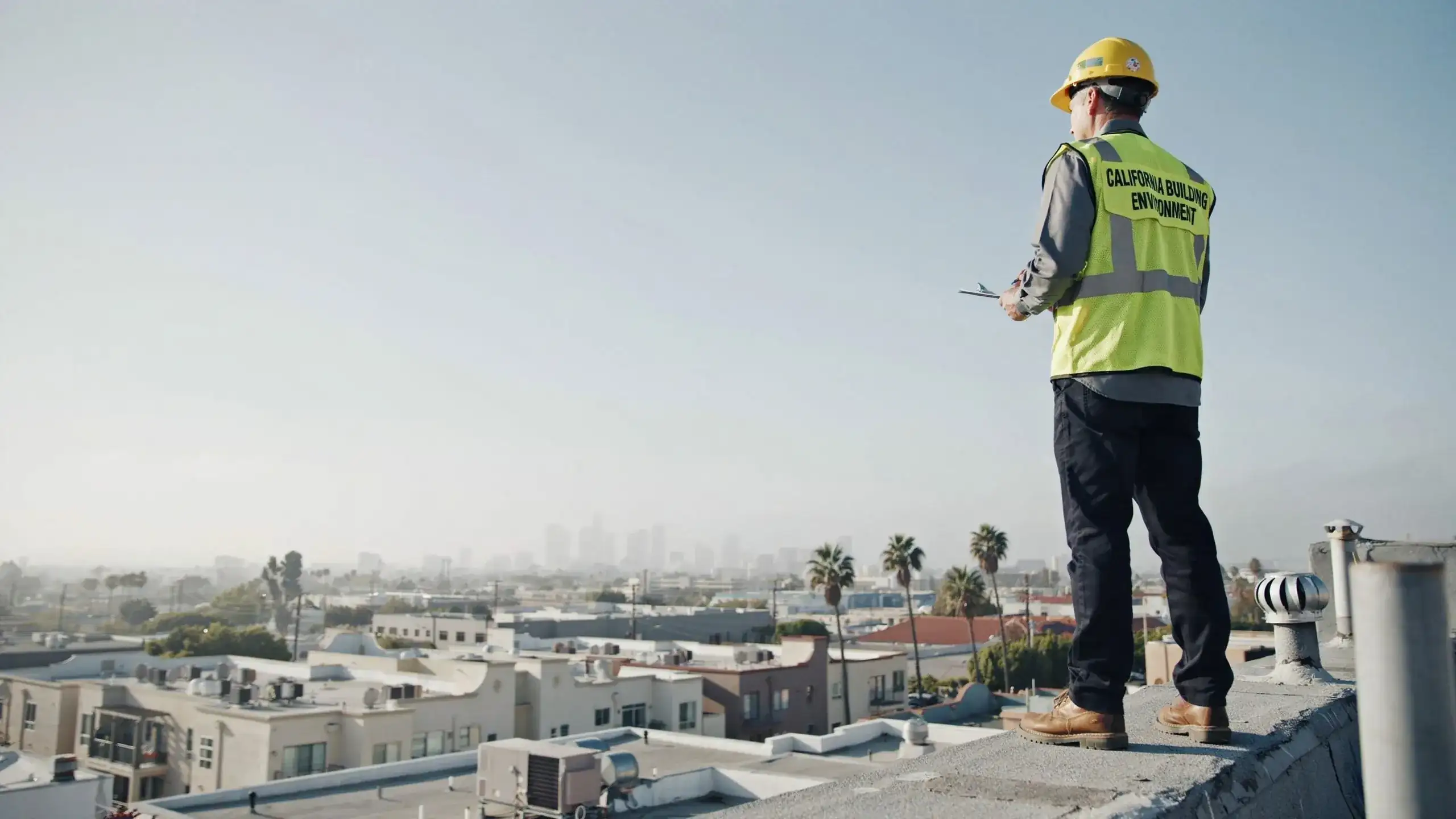 California Building Environment inspector on a Southern California rooftop with clipboard, overlooking the city skyline