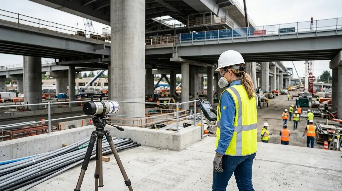 Air monitoring specialist with portable analyzer at a large-scale construction project under highway overpass