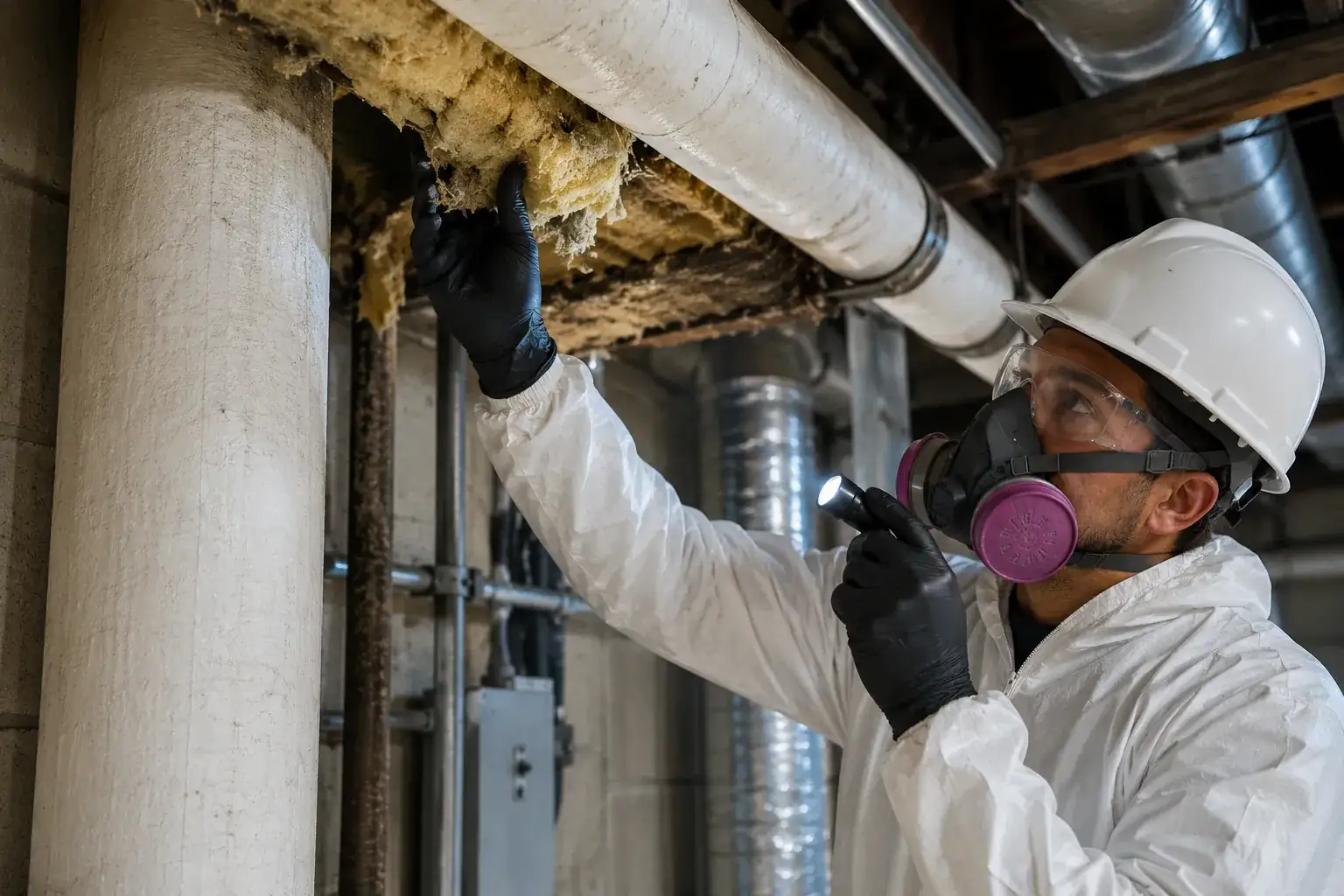 Assorted asbestos-containing building materials including pipe insulation, floor tiles, and ceiling texture