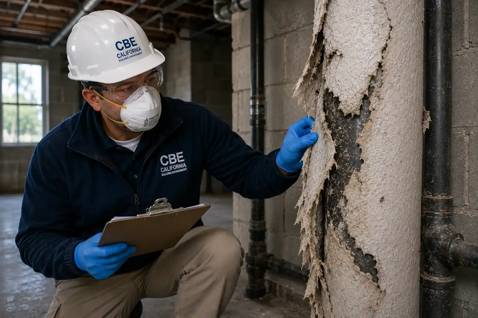 Certified asbestos inspector collecting a bulk sample from pipe insulation in a commercial building