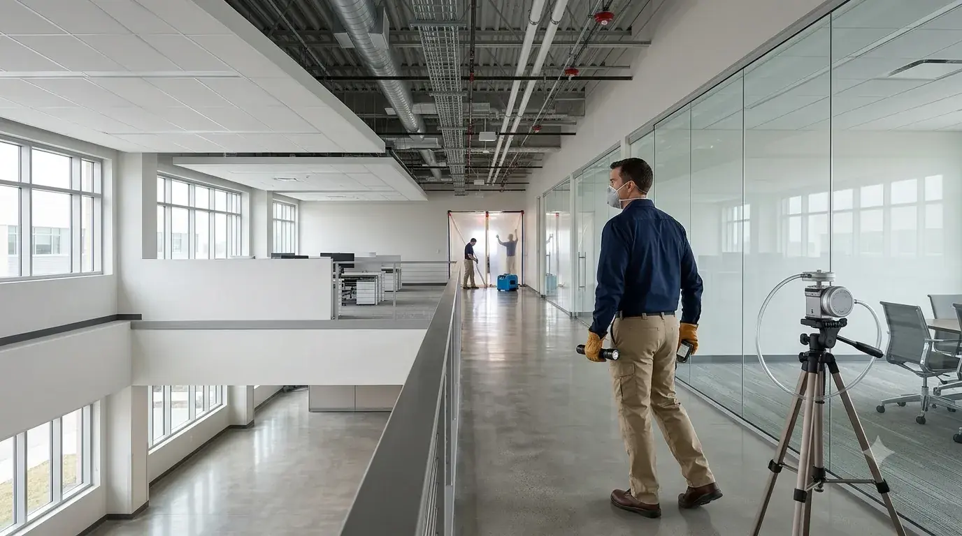 Independent inspector performing visual air clearance inspection in modern office building after remediation