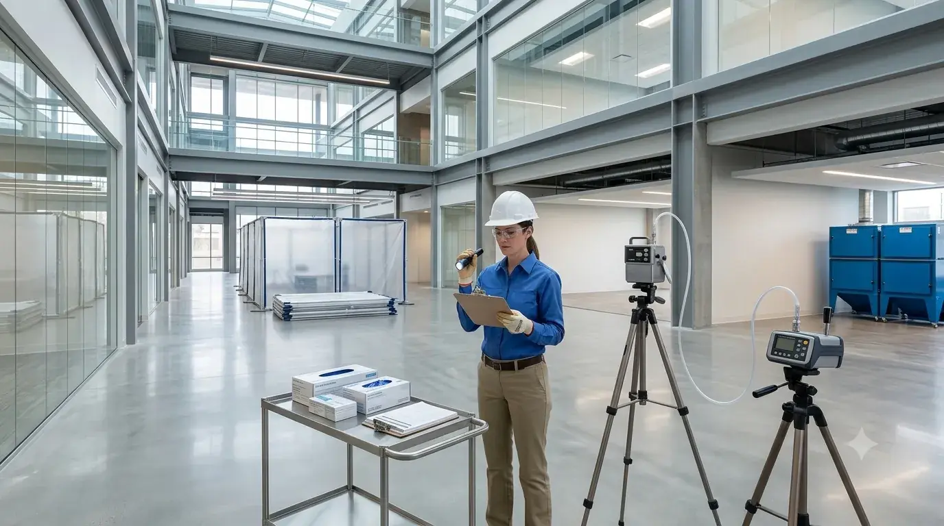 Air clearance inspector documenting post-abatement conditions in a commercial building with containment barriers and sampling equipment