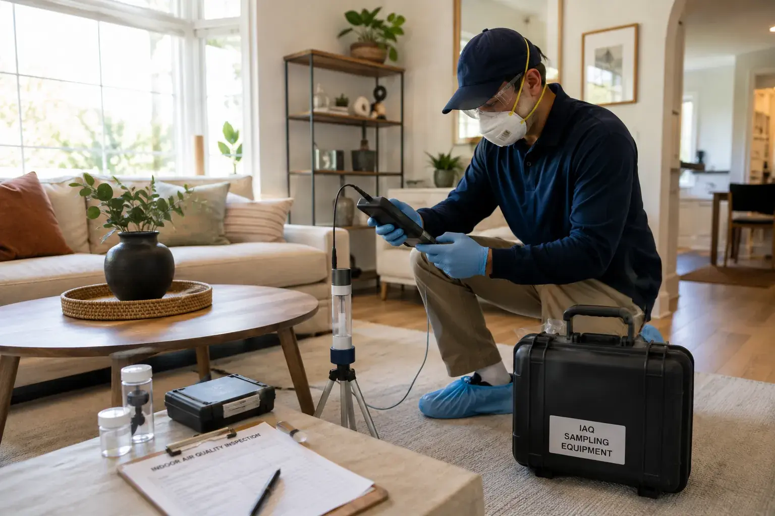Indoor air quality inspector evaluating ventilation system in a commercial office building