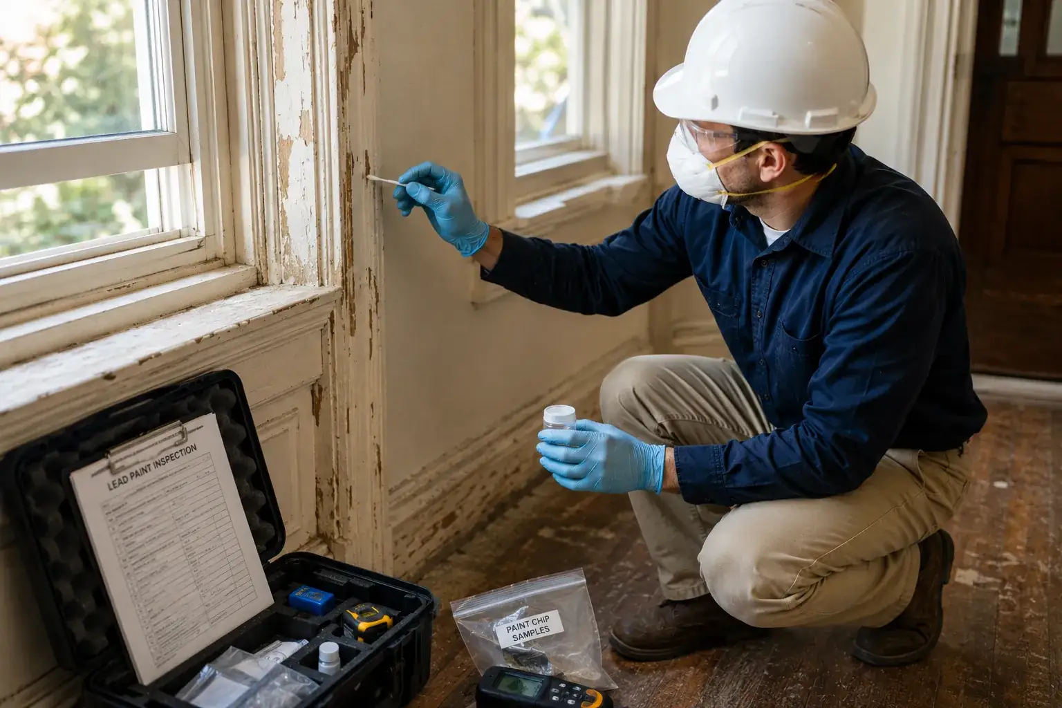 Inspector collecting paint chip samples from a window frame for lead-based paint testing