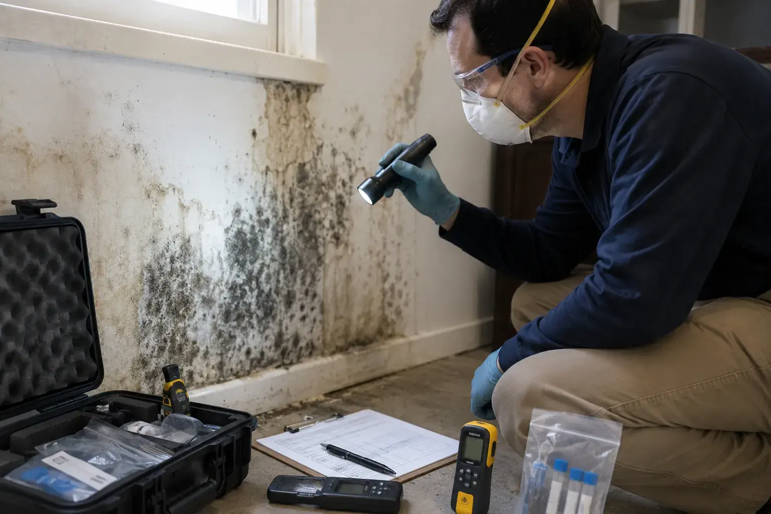 Professional mold inspector examining wall surface with moisture meter during residential inspection